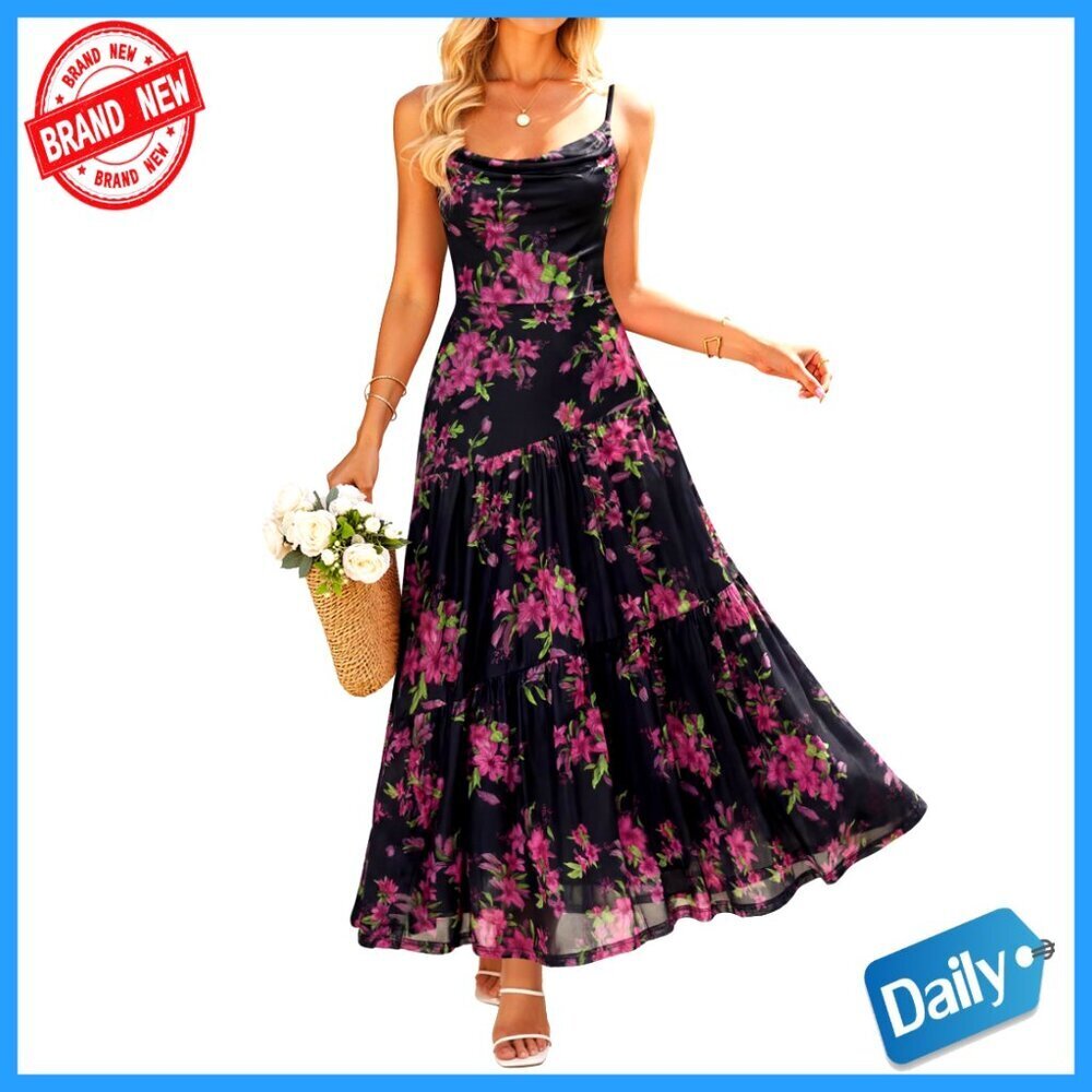 Floral Mesh Maxi Dress Sleeveless Spaghetti Strap Boho Wedding Guest